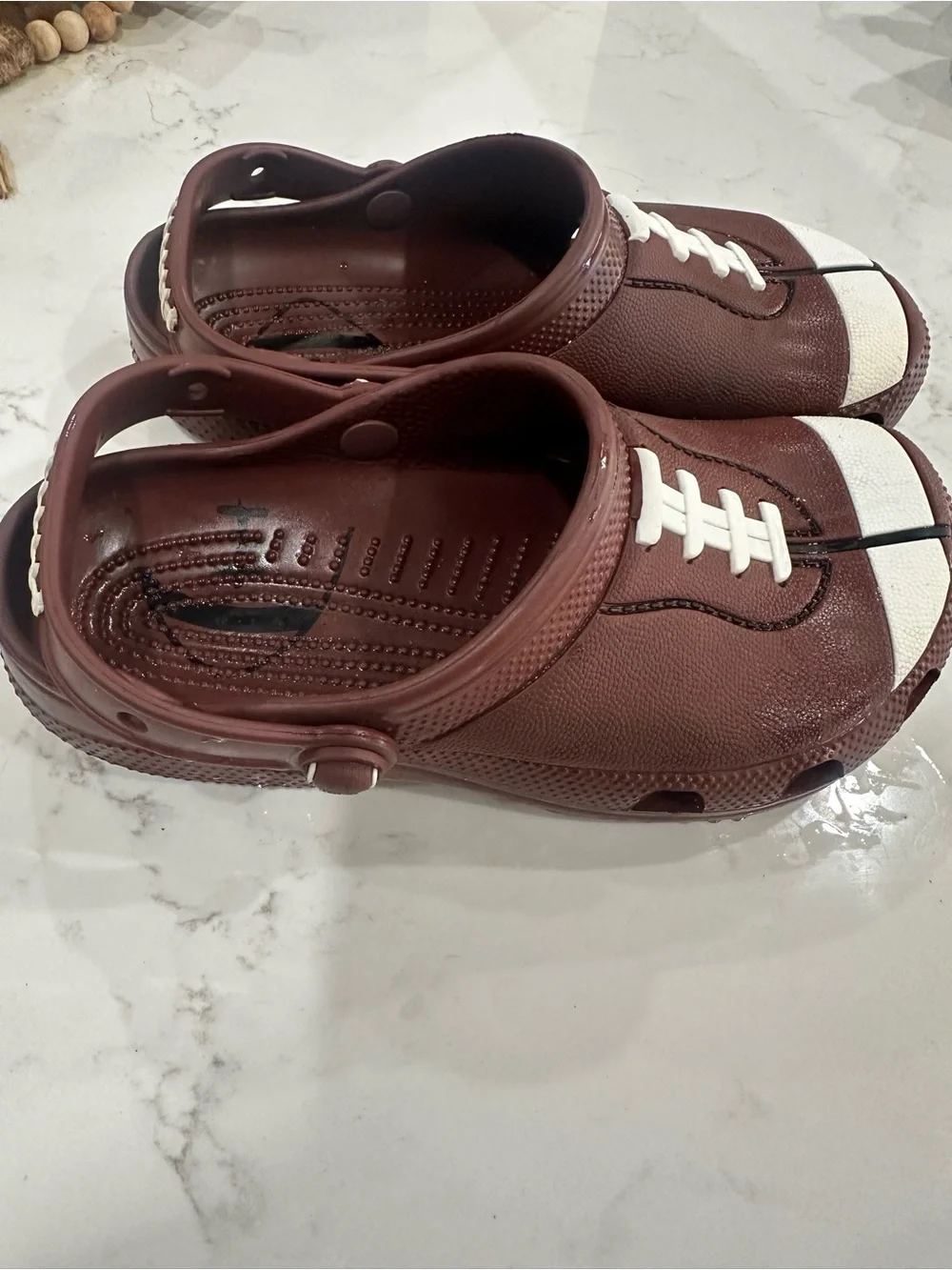 CROCS Kids Brown Clog Sandals with White Football Accent